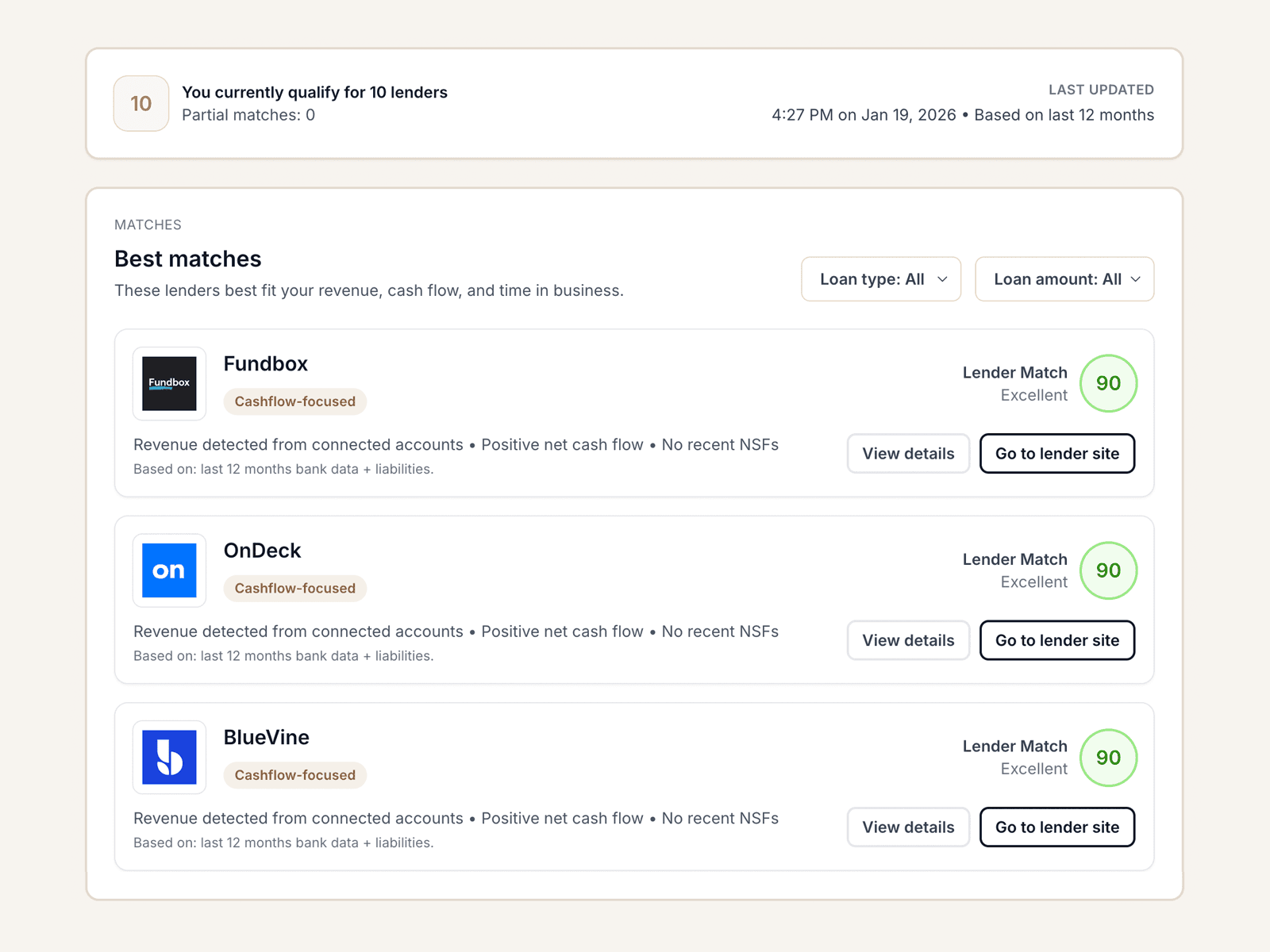 Lender matching cards preview